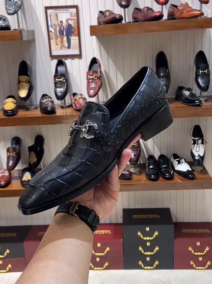 Charcoal Black Crocodile Scaled Moccasins