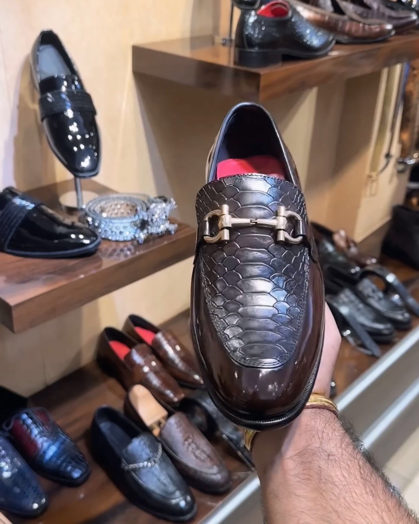 Dark Brown Cobra Scaled Spectator Moccasins