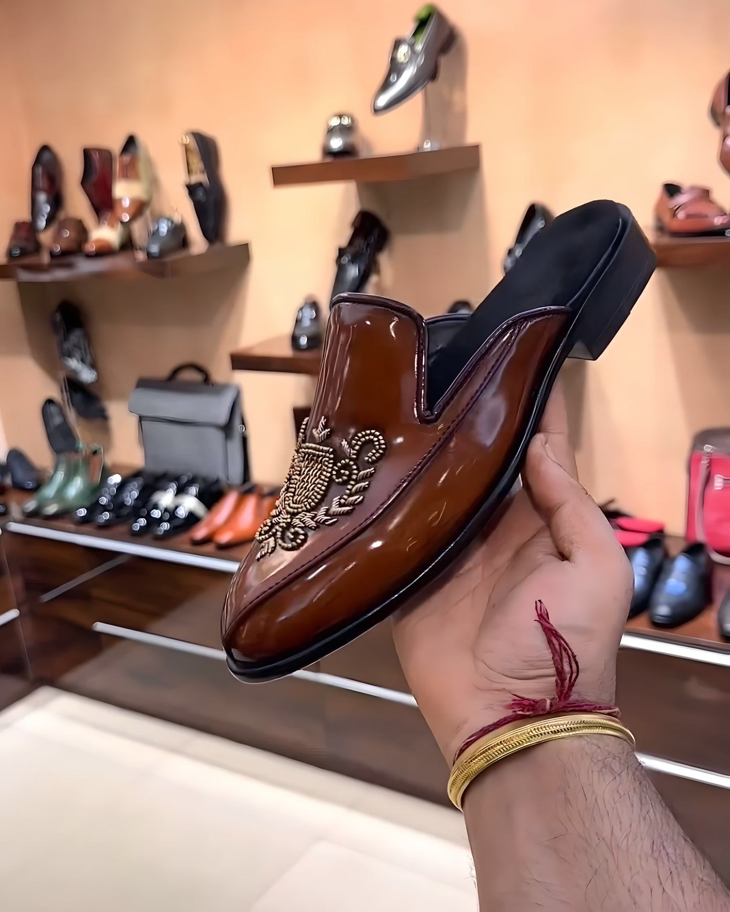 Brown Patina Embroidery Mules