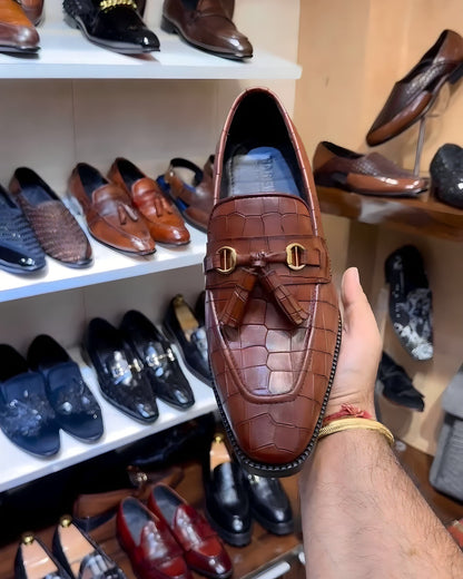 Dark Tan Crocodile Scaled Tassel Loafers