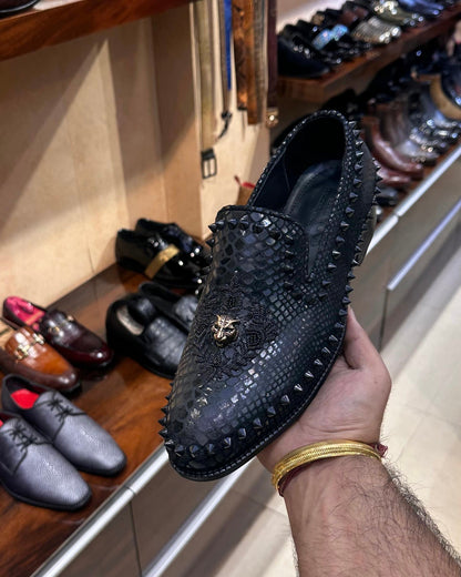 Signature Snake Foil Studded Embroidered Moccasins