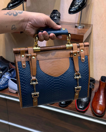 Navy Blue And Medium Brown Handbag
