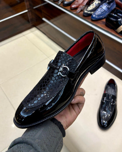 Black Patent & Snake Foil Leather Horsebit Loafers with Red Lining