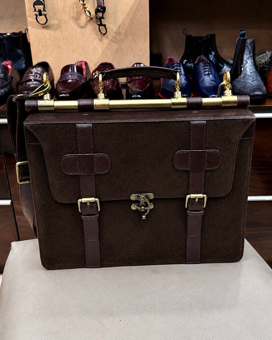 Signature Dark Brown Suede Briefcase Style Laptop Bag