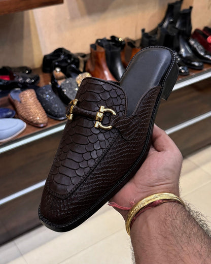 Dark Brown Cobra Scaled Gold Horsebit Mules