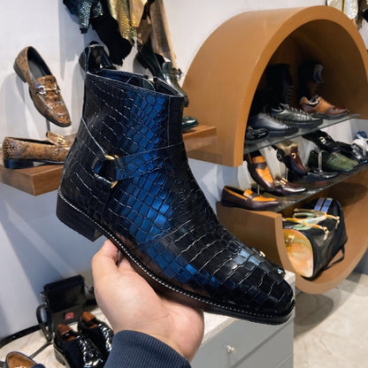 Black Crocodile Leather Zip Boots