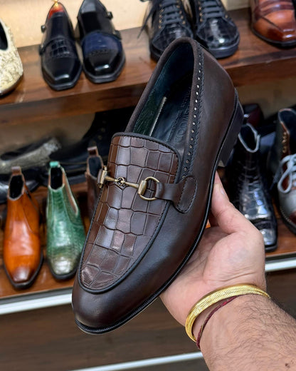 Coffee Brown Crocodile Scaled Antique Horsebit Loafers