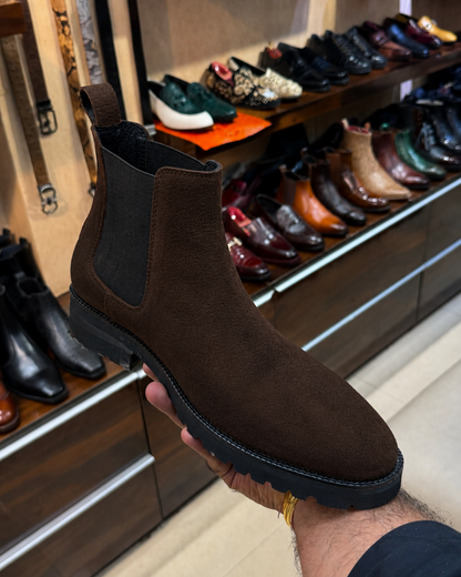 Chunky Dark Brown Suede Lug Sole Chelsea Boots