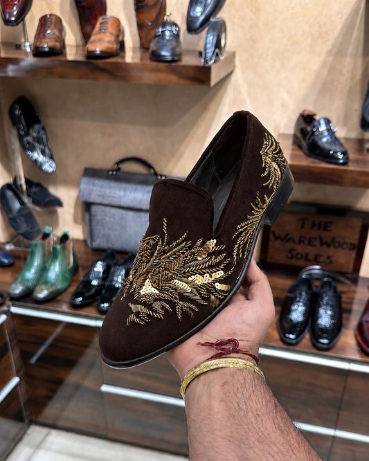 Brown Suede Gold Tiger Hand-embroidered Loafers