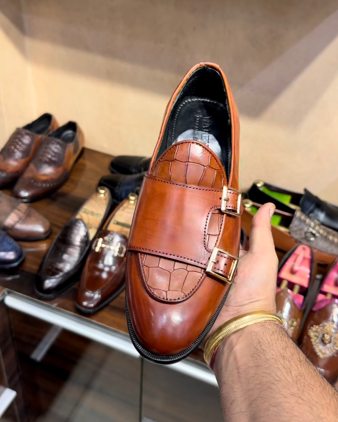 Tan Croco Patina Double Monk Loafers