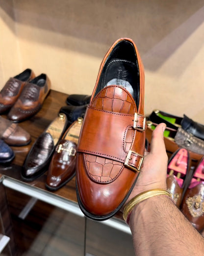 Tan Croco Patina Double Monk Loafers