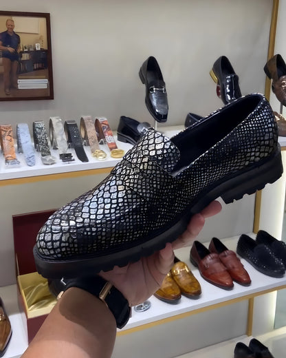 Exotic Grey Snake Foil Boot-sole Penny Moccasins