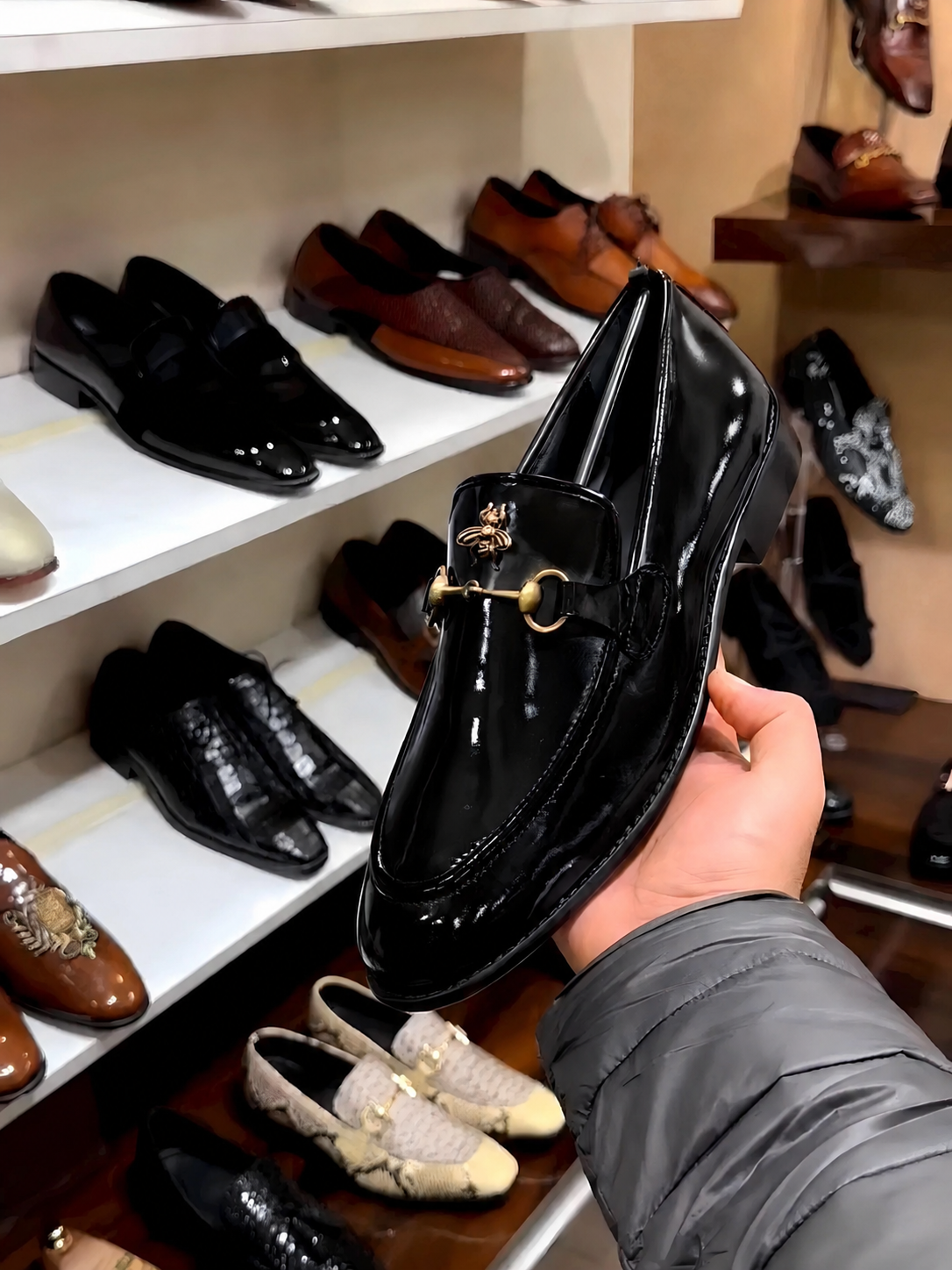 Black Smooth Calf Leather Gold Horsebit Loafers With Bee