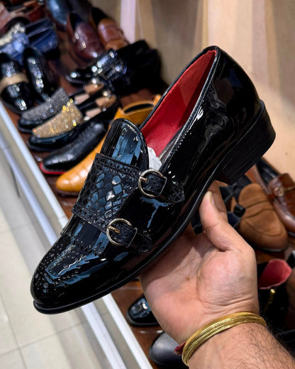 Black Patent Leather Fringe Snake Foil Monk Strap Loafers