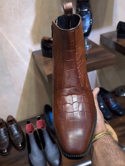 Tan Patina Crocodile Scaled Zipper Boots