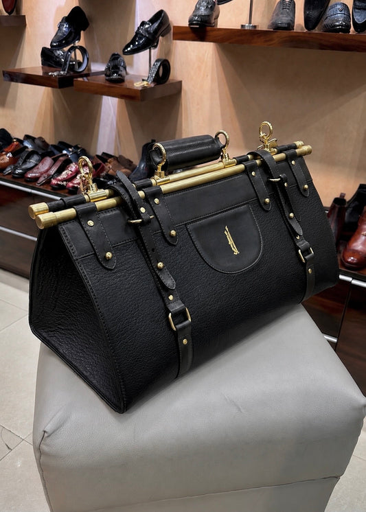 All Black Italian Leather Duffle Bag with Gold Pipe
