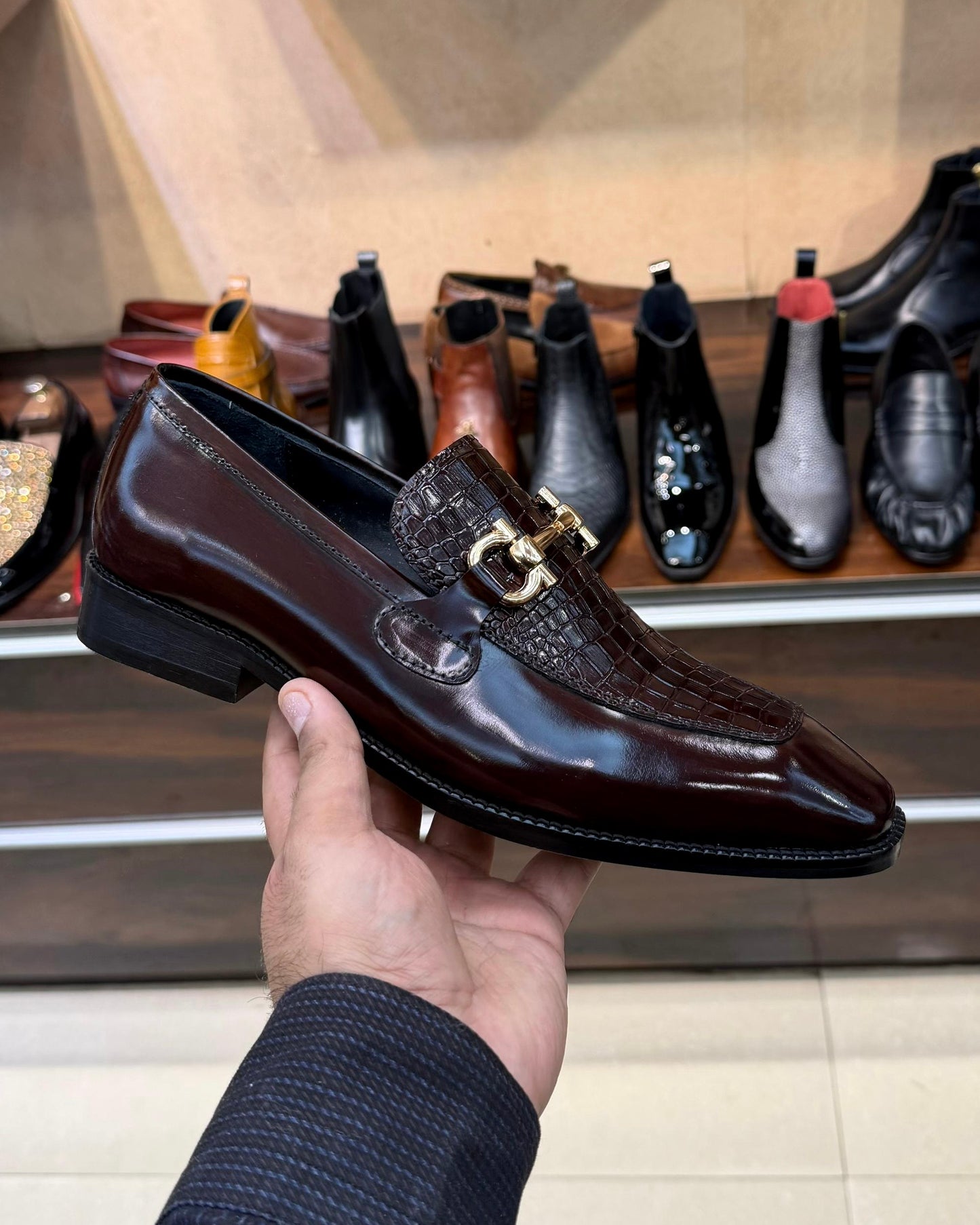 Espresso Brown Croco Gold Horsebit Loafers