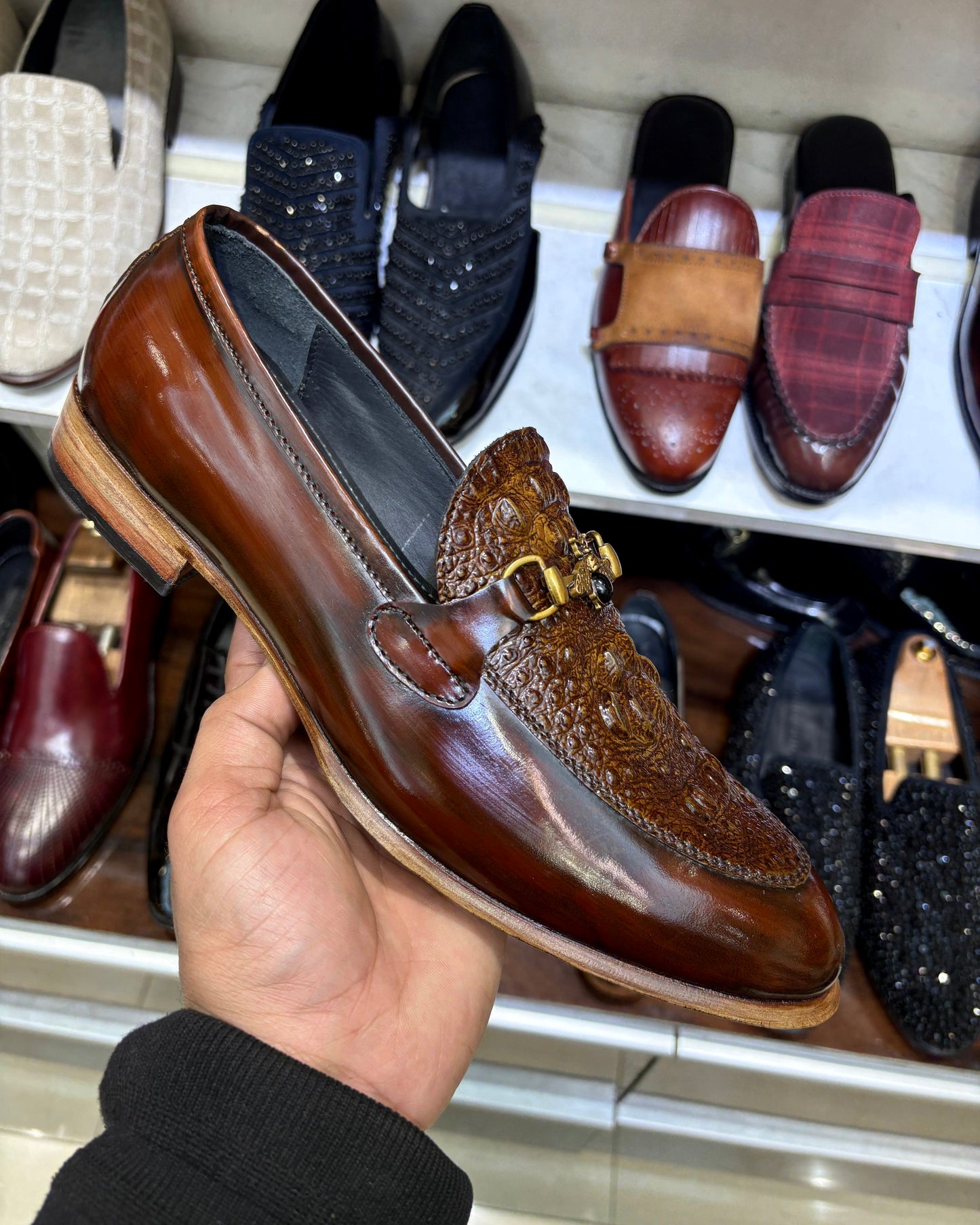 Exotic Burnished Brown Alligator Scaled Horsebit Loafers