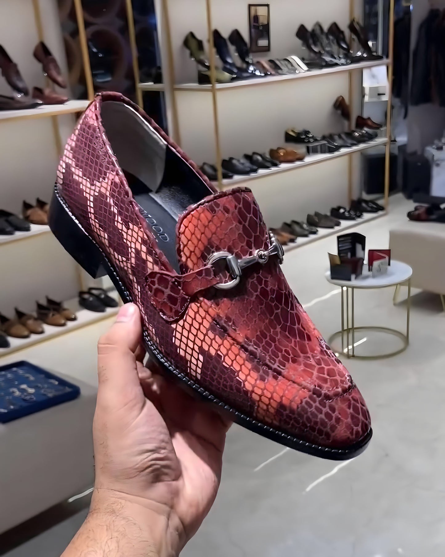Exotic Mirror Gloss Snake Moccasins with Silver Buckle