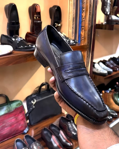 Navy Patina Italian Crust Leather Penny Loafers