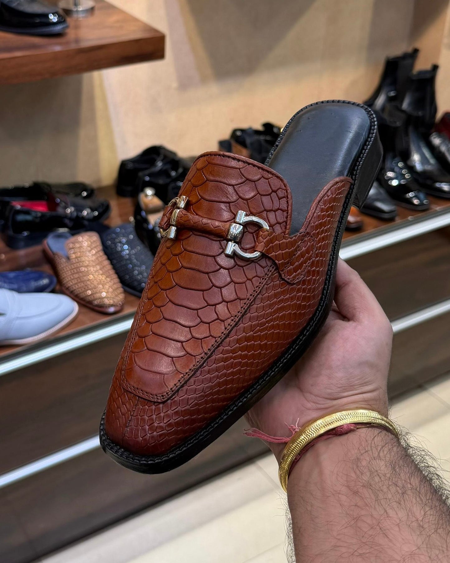 Dark Tan Cobra Scaled Silver Horsebit Mules