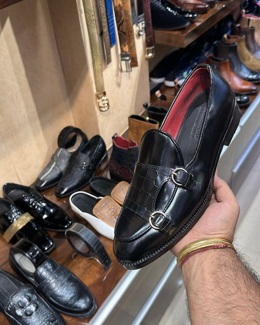 Italian Smooth Calf Croc Double Monk Loafers