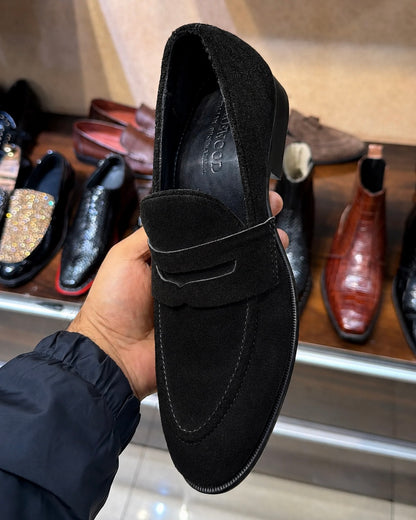 Classic Black Suede Penny Loafers