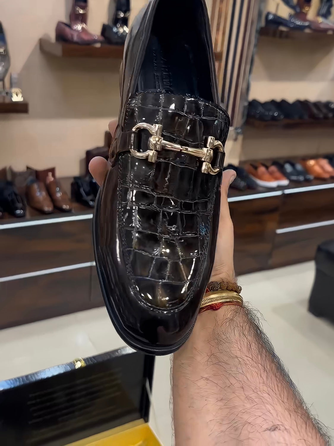 Brown Patent Croc Brush Off Leather Moccasins