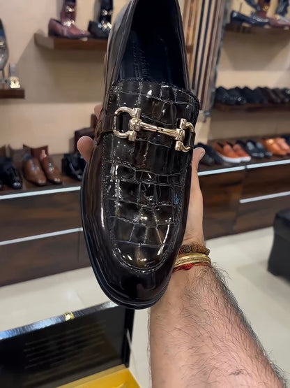 Brown Patent Croc Brush Off Leather Moccasins
