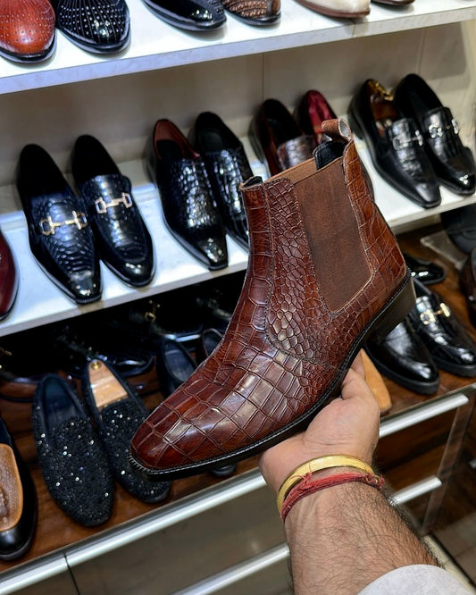 Burnished Dark Tan Crocodile Scaled Chelsea Boots