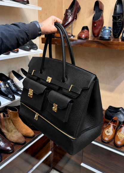 Black Full Grain Leather Travel Bag with Bottom Shoe Compartment