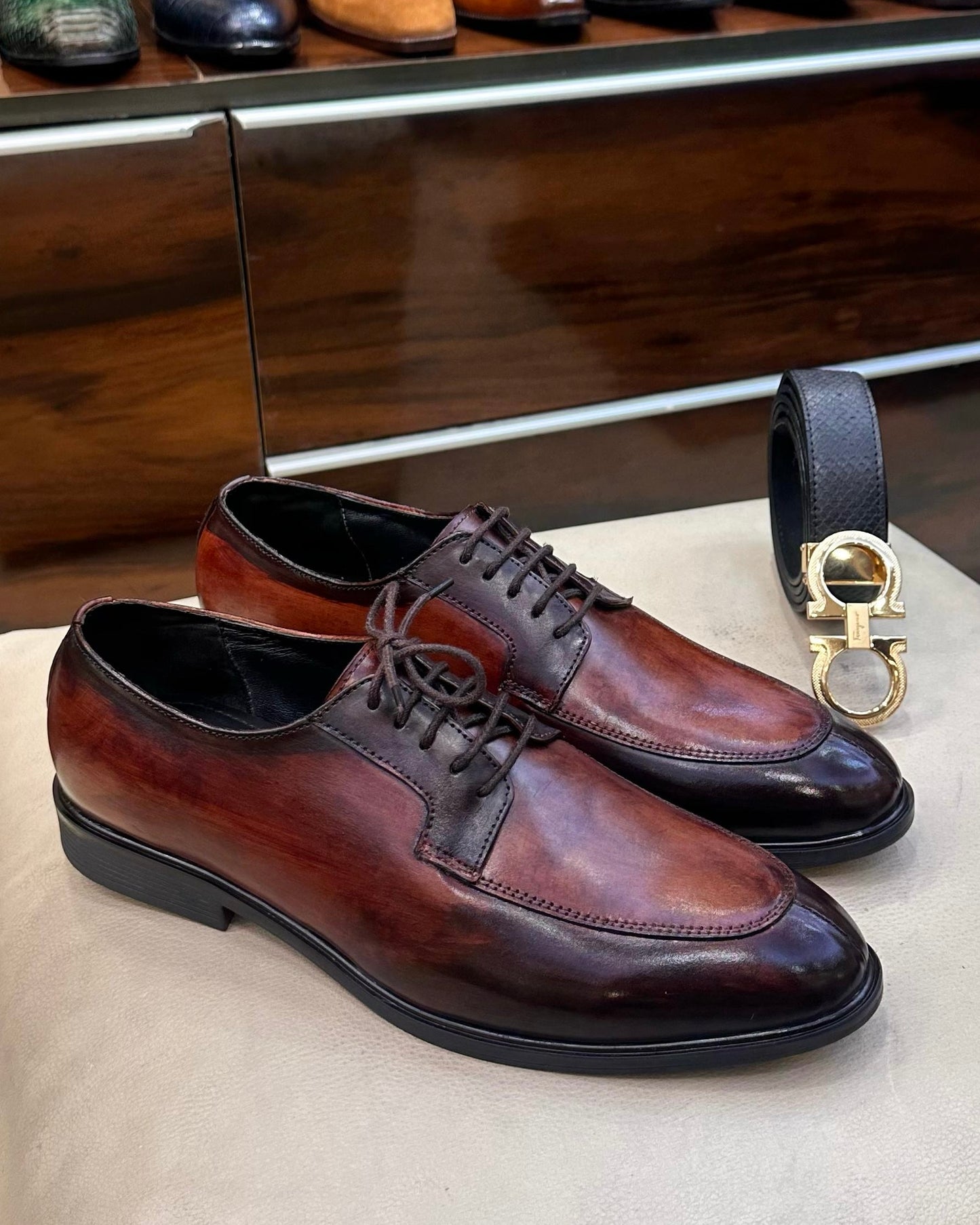 Burnished Brown Patina Split Toe Derby Shoes