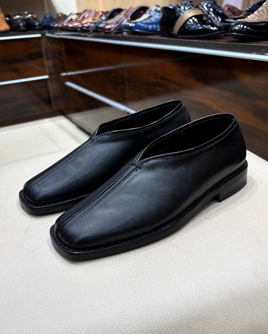 Black Piped Square Toe Loafers in Calf Leather