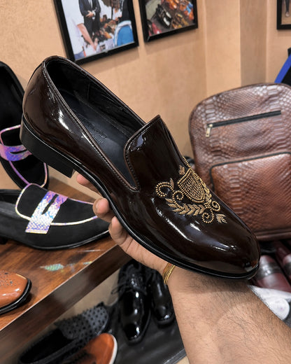 Dark Brown Gold Hand-embroidered Loafers