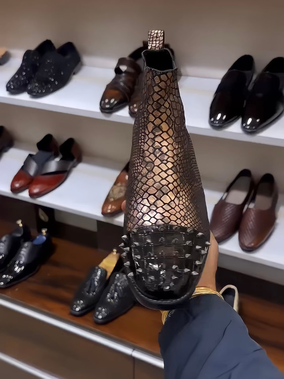 Exotic Gold Snake Scaled Studded Toe Chelsea Boots