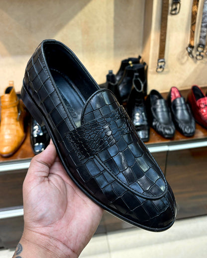 Smooth Black Crocodile Scaled Penny Loafers