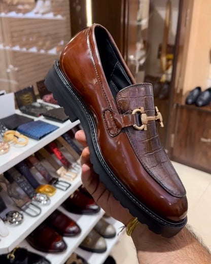 Walnut Brown Crocodile Scaled Boot Sole Moccasins