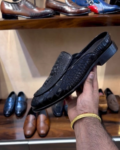 The Boss Mules in Satin Black Alligator Scaled Leather