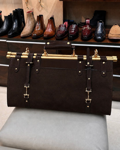 Dark Brown Suede Duffle Bag With Gold Pipes