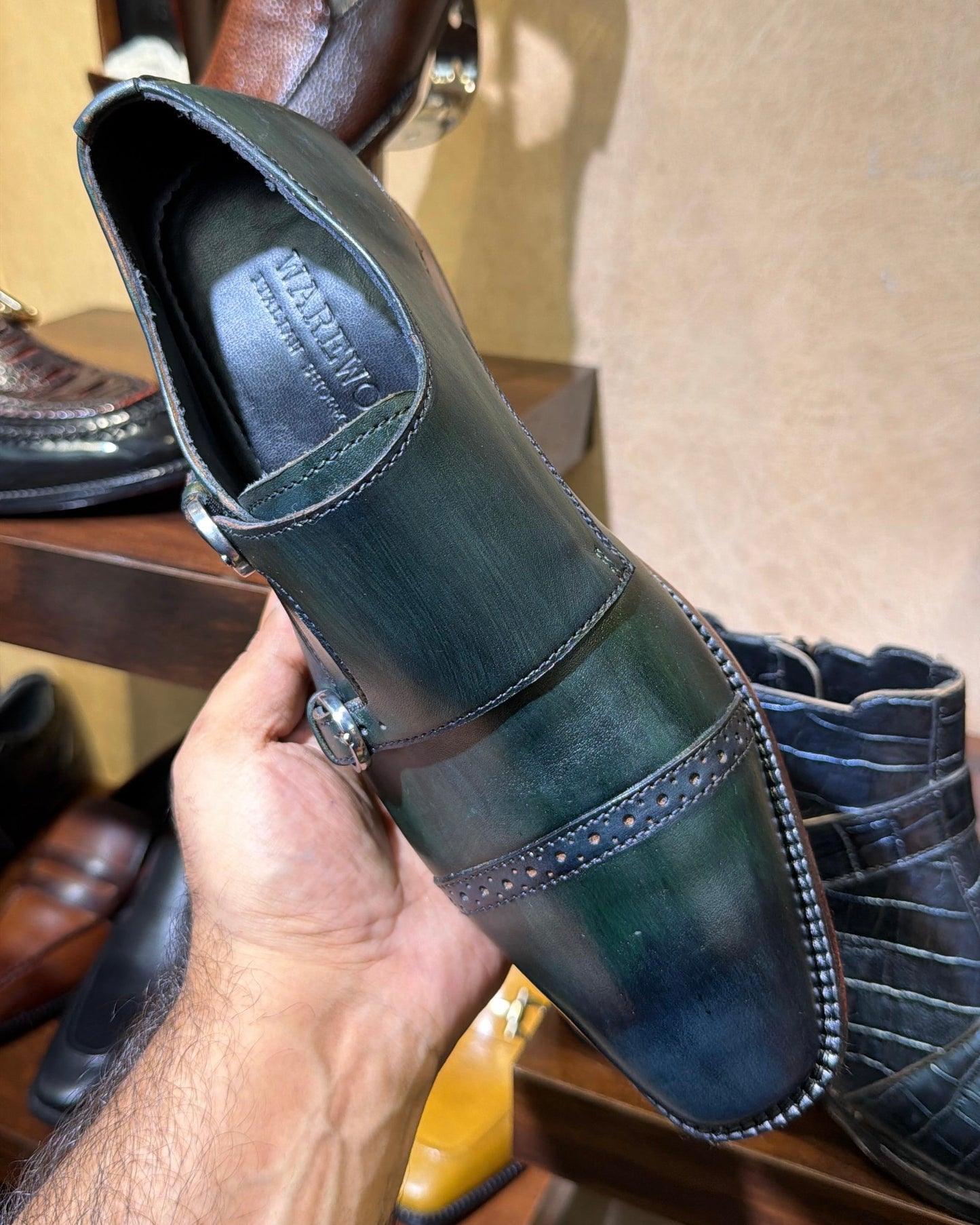 Hand-dyed Teal Green Double Monk Strap Shoes