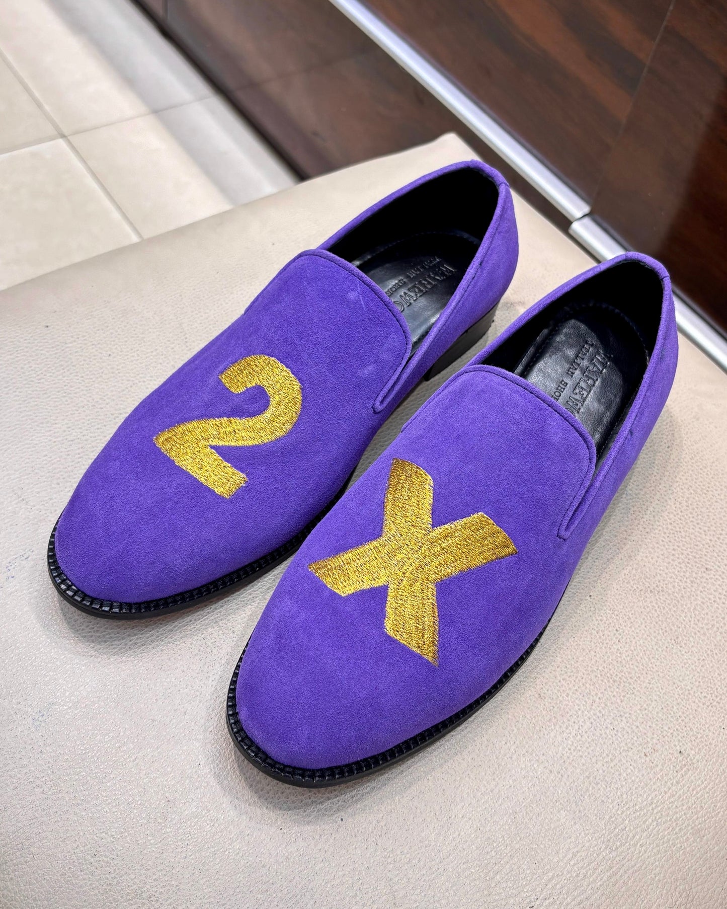 Gold “2X” Hand-embroidered Purple Suede Loafers
