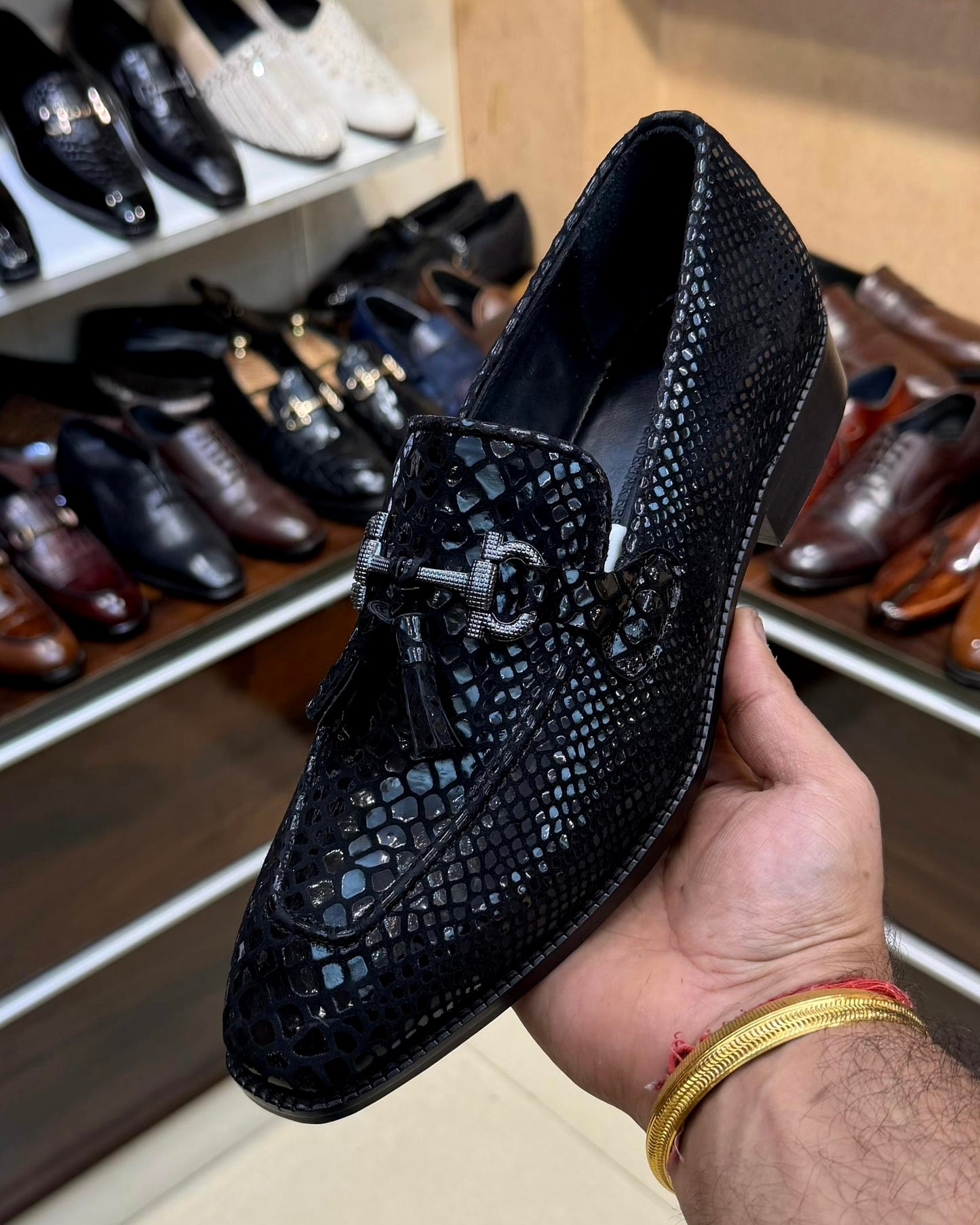 Signature Black Snake Foil Horsebit Tassel Loafers