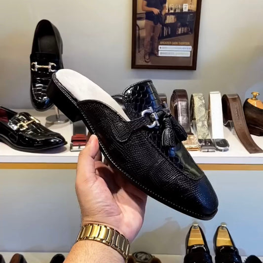 Black Cobra Scaled Tassel Mules with White Foot Bed