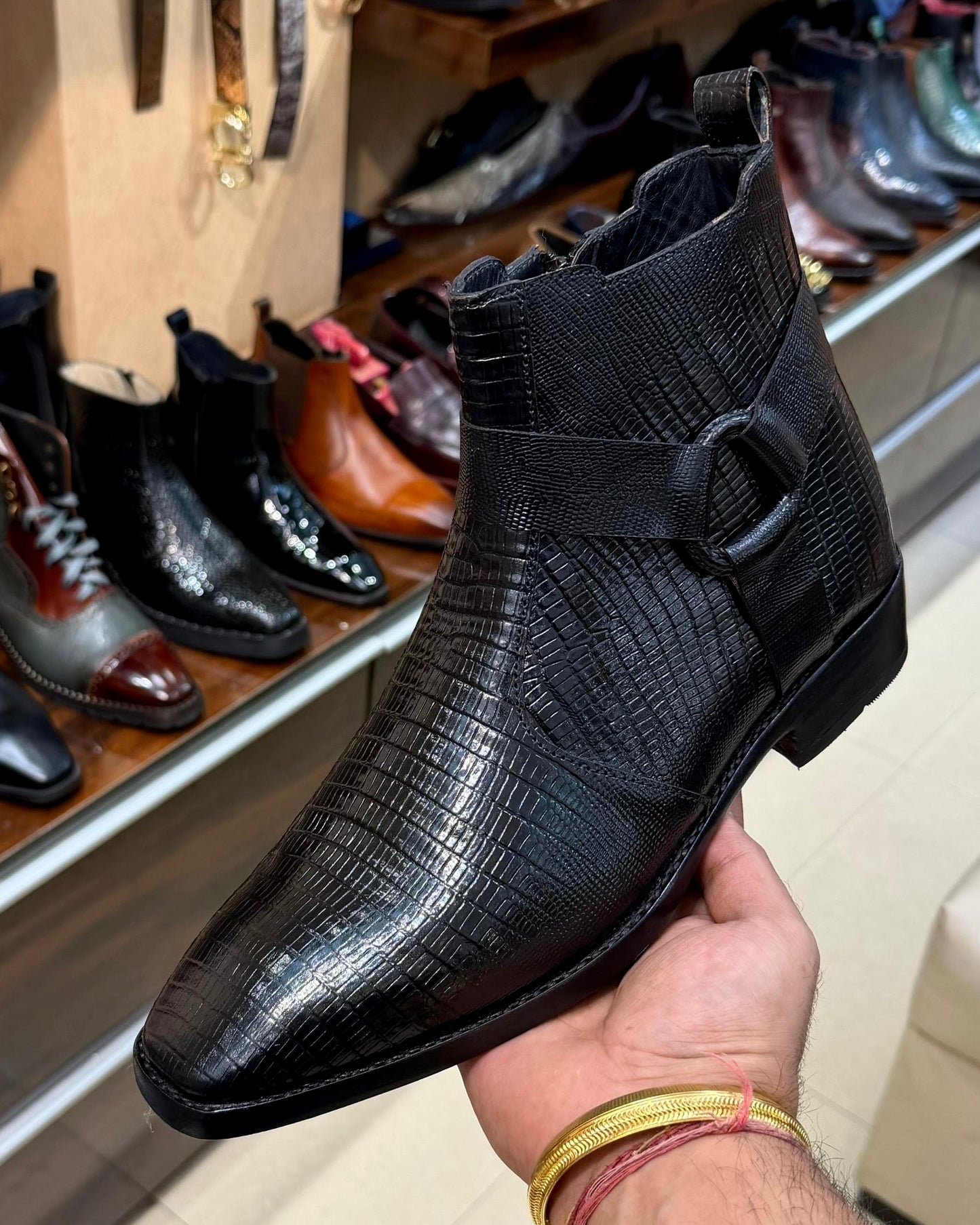 Black Lizard Scaled Leather Zip Boots