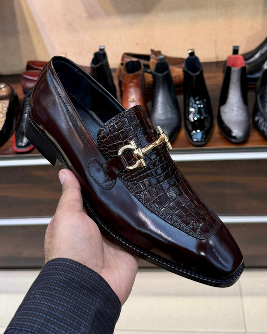 Espresso Brown Croco Gold Horsebit Loafers