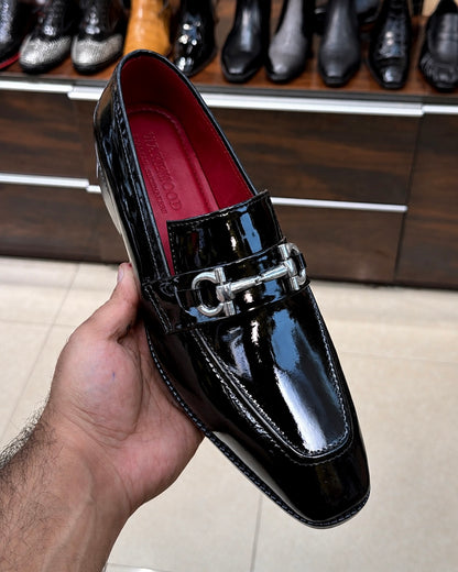 Black Patent Leather Silver Horsebit Loafers With Red Interior