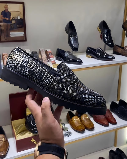 Exotic Grey Snake Foil Boot-sole Penny Moccasins