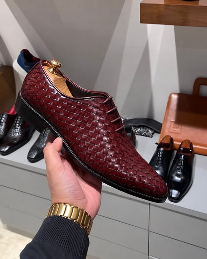 Burgundy Hand-Woven Leather Wholecut Oxfords