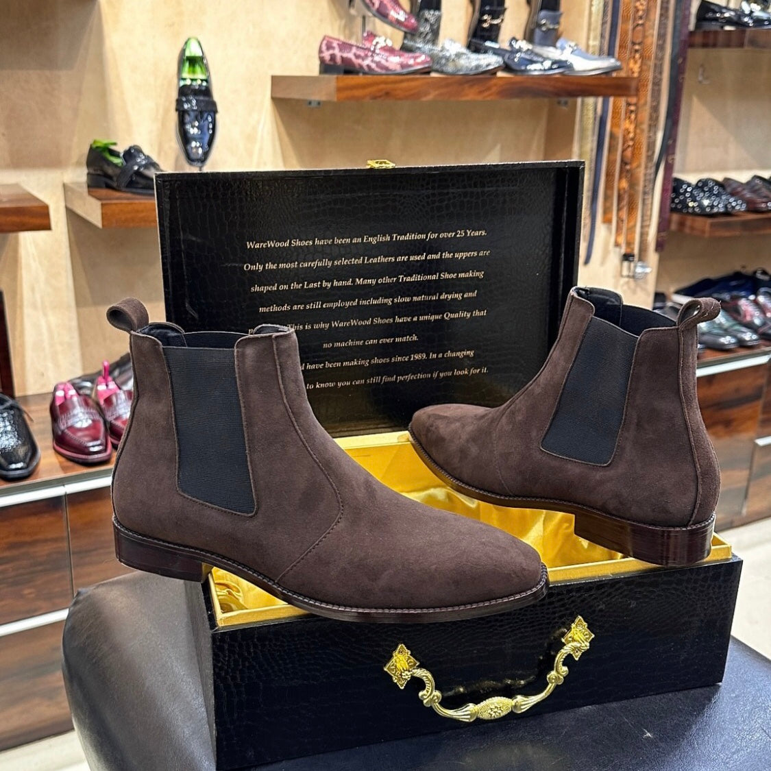 Smooth Brown Suede Chelsea Boots with Brown Wood Sole