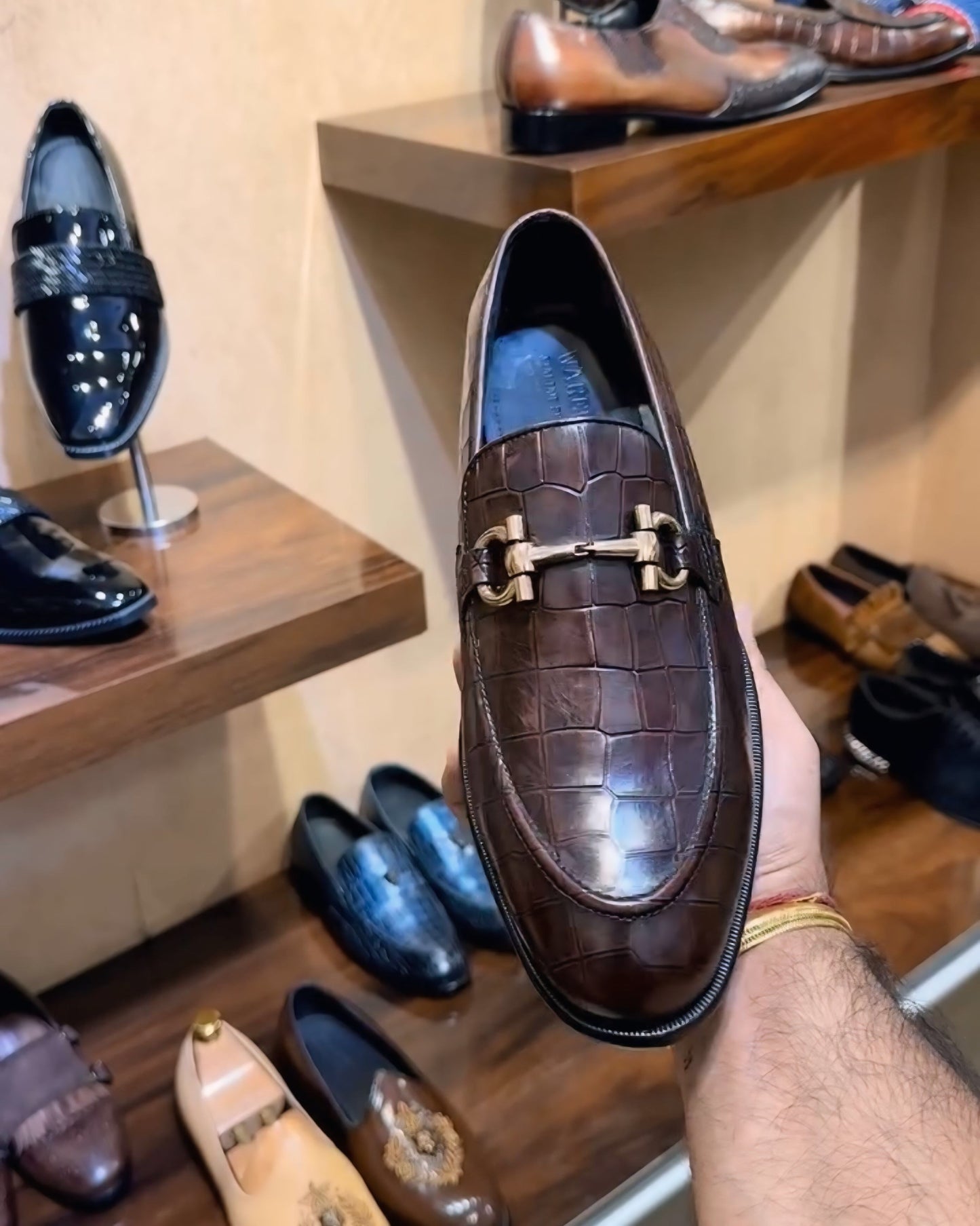 Patina Brown Crocodile Scaled Moccasins with Gold Buckle